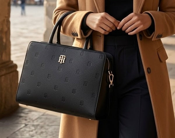 Bolsa Tommy Hilfiger Satchel Monograma - Negro Clásico